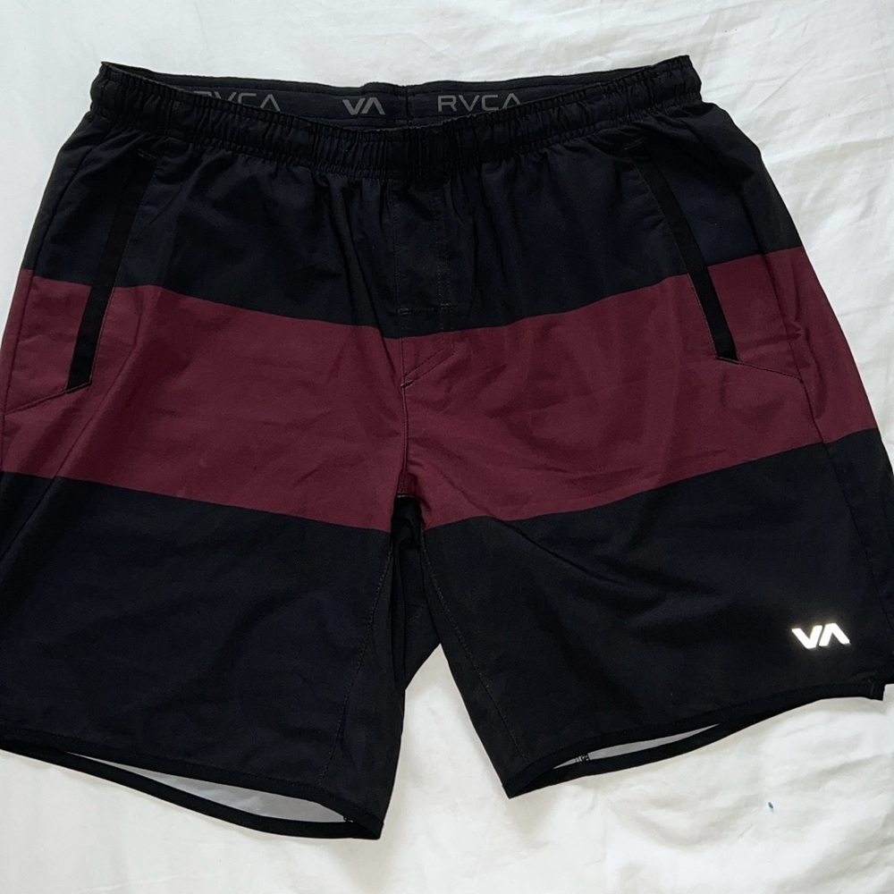 RVCA Black and Red Athletic Shorts with Elastic Waistband
